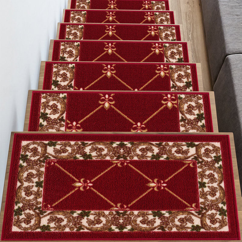 Tapis d'escalier bleu marine / brun / vert / crème Aadhan, Bourgogne / rouge, 13