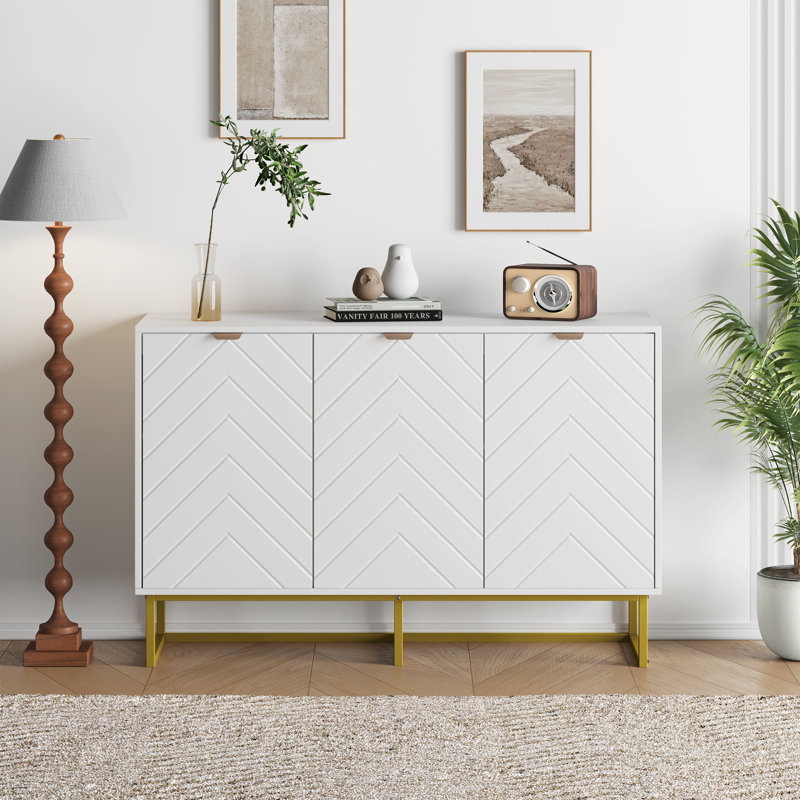 Modern Buffet Sideboard with Herringbone Doors and Shelf Wood Credenza Console Cabinet, White