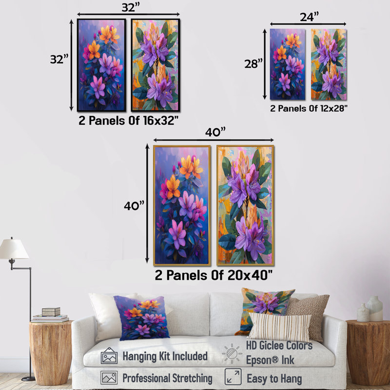 VIbrant VIolet Rhododendron Summer Symphony I - ensemble d'art mural rhododendron 2 pièces, H 40 po x l 40 po, Érable