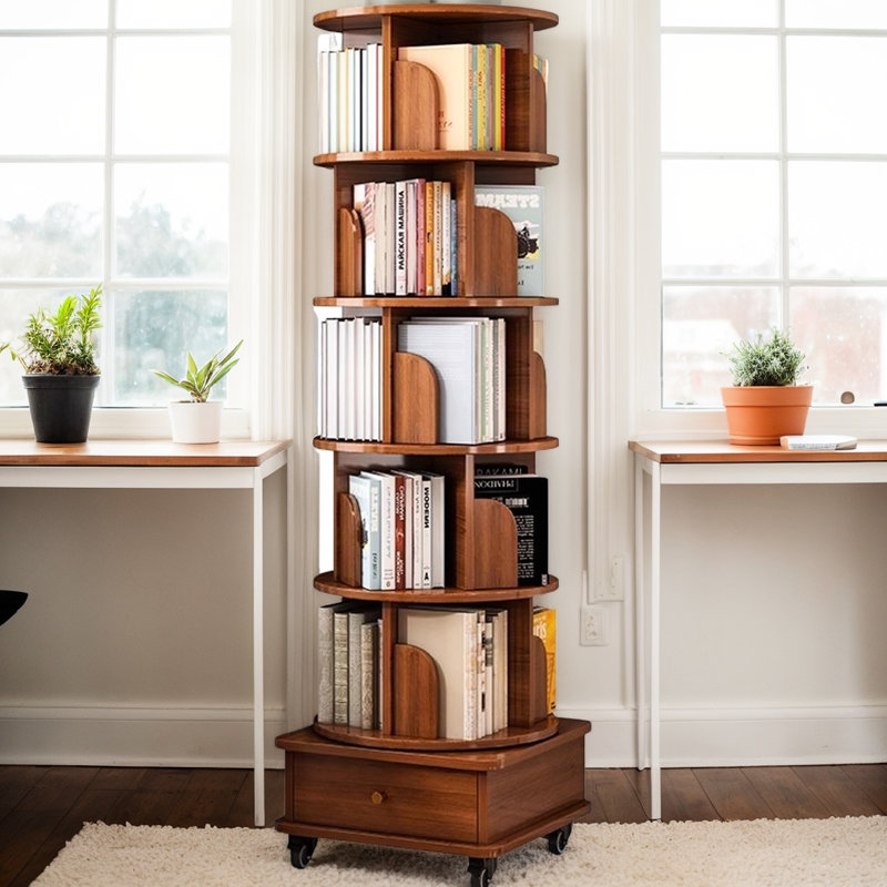 Bibliothèque noyer brun avec roulettes - rotation à 360 °, conception réfléchie, chambre à coucher, salon, bureau d'étude, vendredi noir, rotation à 6 niveaux, brun et économie d'espace,