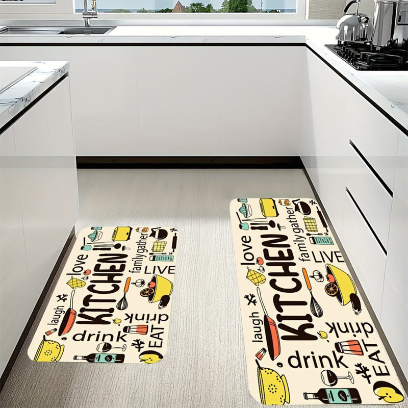 2 Pack Kitchen Doodle Beige Flannel Kitchen Mats Corridor Kitchen
