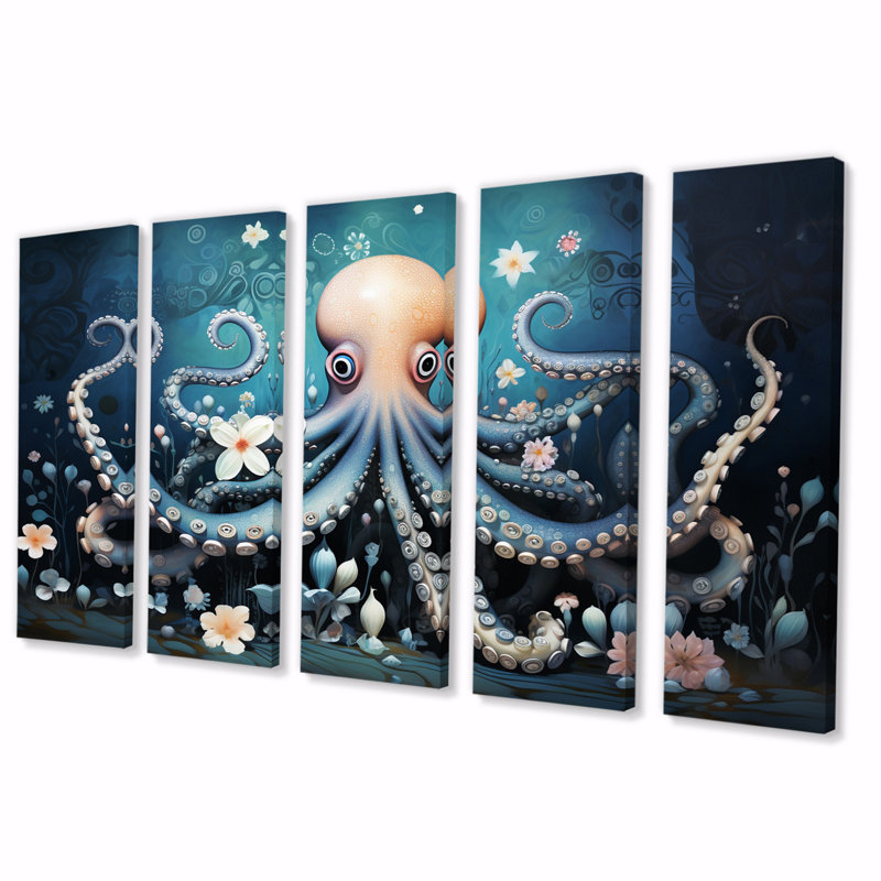 Ethereal Octopus In Deep See Illustration I - Décoration murale pieuvre animaux - 5 panneaux égaux