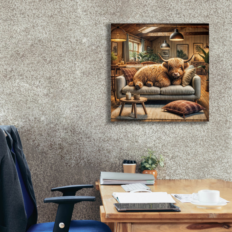 «Highland Cow -Chilling At Home» par Rey Klimt, art mural sur toile, H 26 po x l 26 po x P 1,5 po