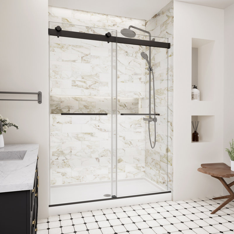 Porte de douche sans cadre l 44 à 48 po x H 74 po avec verre trempé anti-déflagrant de 5/16 po (8 mm), porte de douche coulissante avec anticollision à fermeture en douceur, noir mat