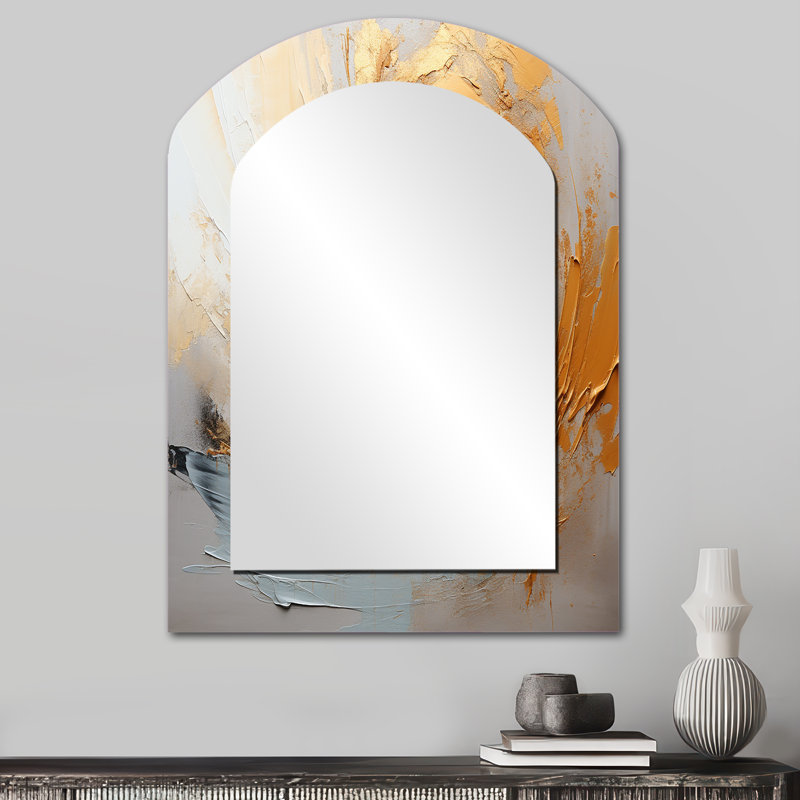 Or et beige Soft Wave Paint III - formes abstraites, miroir mural décoratif asymétrique, miroir arche moderne, impression d'art en métal