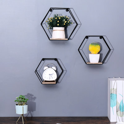 Les étagères de rangement hexagonales murales, le décor moderne en métal et en bois pour plusieurs pièces, économisent de l'espace, apportent la beauté rustique de 3 bureaux de cuisine flottants noirs, robustes avec une soudure professionnelle