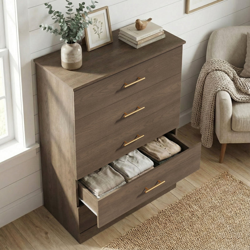 Mouton 31.3"W Modern 5 Drawer Chest, Dark Brown Oak