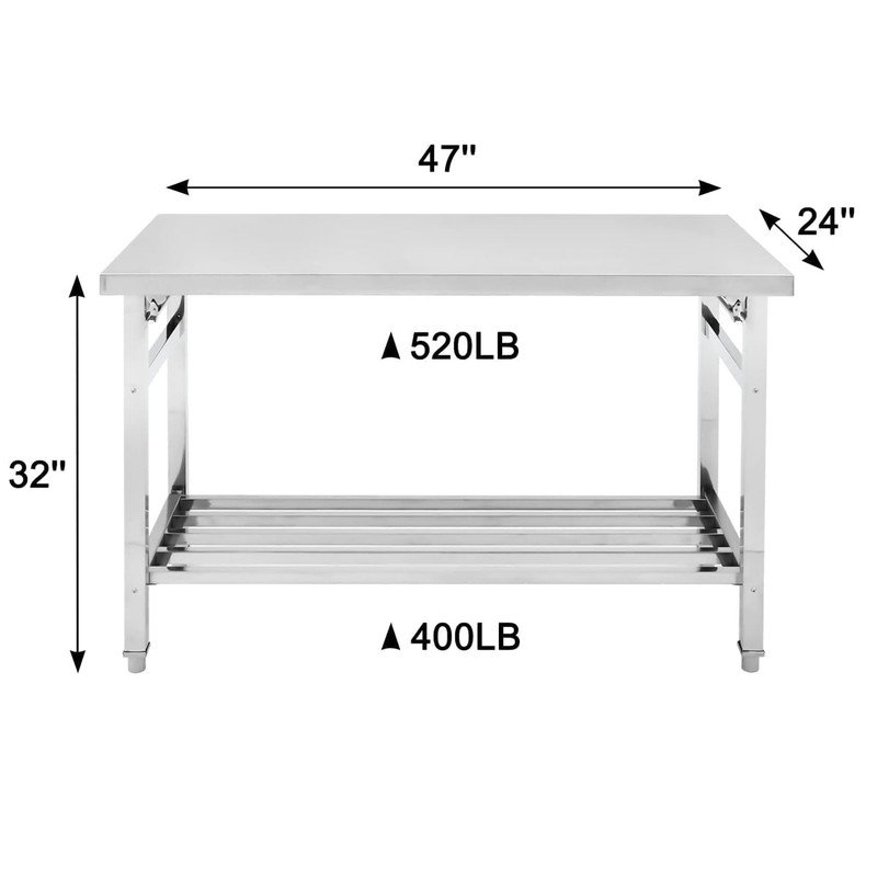Table de travail 47 x 24 pouces en acier inoxydable - Table de préparation pliante robuste NSF avec tablette réglable pour le restaurant, la cuisine et la restauration (facile à nettoyer et peu encombrante)