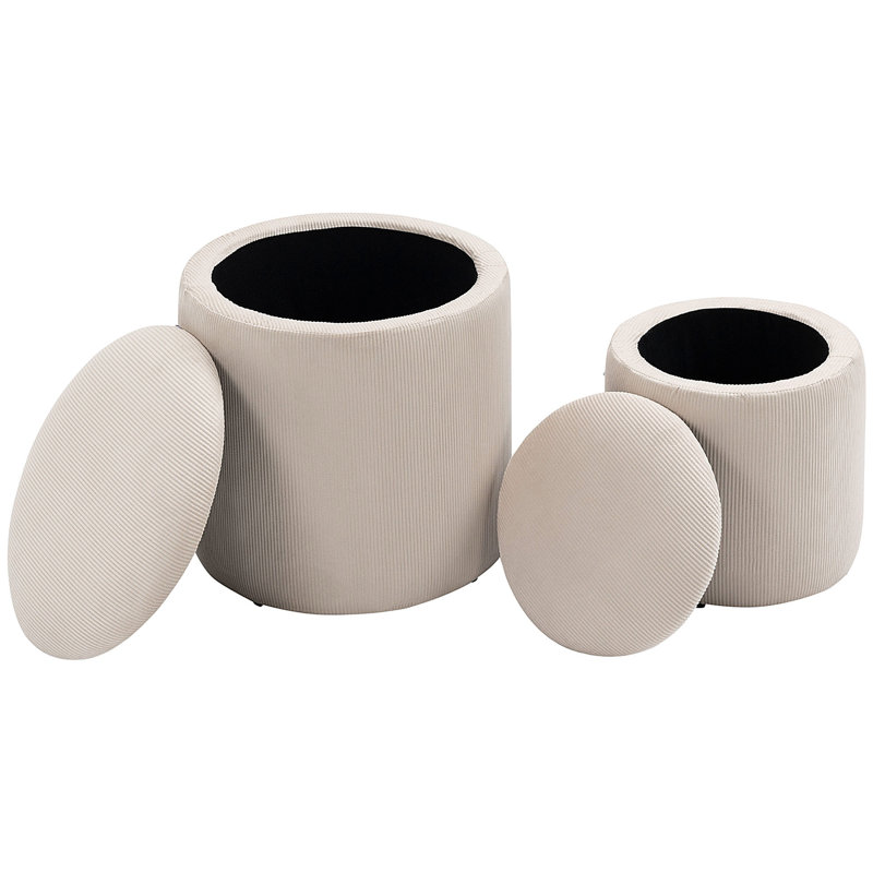 Round Corduroy Upholstered Storage Footstool Set of 2, Nesting Design Ottoman Stools with Hidden Storage Compartment for Bedroom and Living Room in Cream White