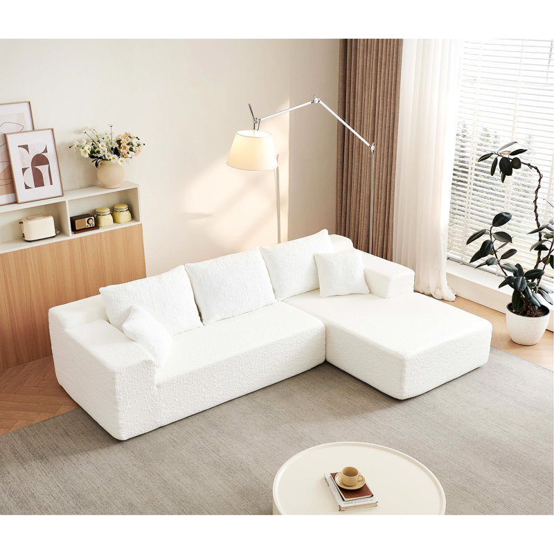 Canapé modulaire 104 po avec méridienne en forme de L, 3 sièges, chenille blanche, siège profond, sans assemblage, cinq coussins décoratifs, modulaire spacieux, tissu chenille, modulaire, minimaliste