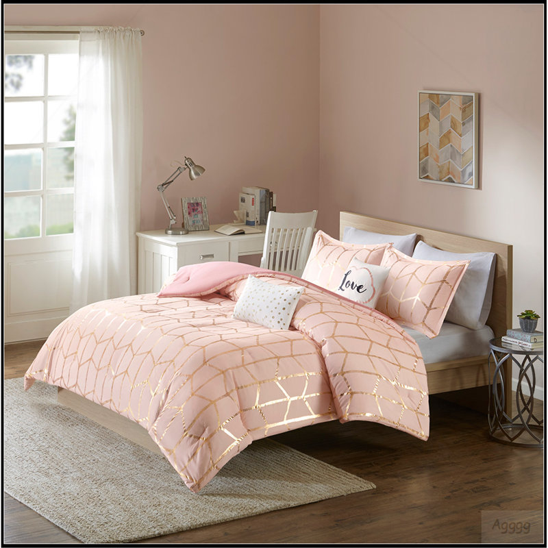 Ensemble d'édredon double / grand imprimé métallique, Édredon double + 4 pièces supplémentaires, Rosé et or