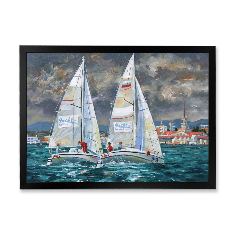 Regatta voiliers arrivant à la finition II - impression sur toile nautique et côtière, L 20 po x H 12 po, Cadre photo noir