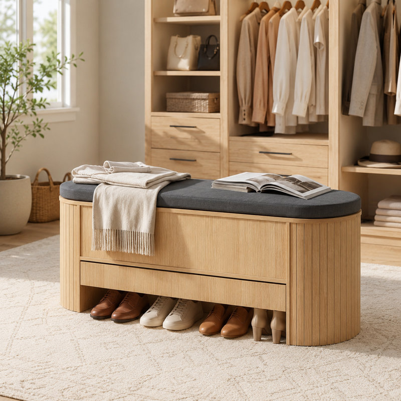 Banc de rangement pour chaussures de 47,2 po de large avec coussin, forme ondulée et profil incurvé, bois naturel
