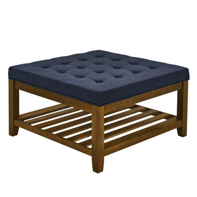 Navy Blue Linen Coffee Table, Beech Wood Frame And Shelf, Relaxing Footrest For Living Area With Base Room