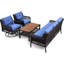 4 pièces pour conversation extérieure, canapés bleus, 360 chaises pivotantes et table en bois, table de siège de mobilier de patio confortable avec rangement, coussins de siège à haute densité épaissis