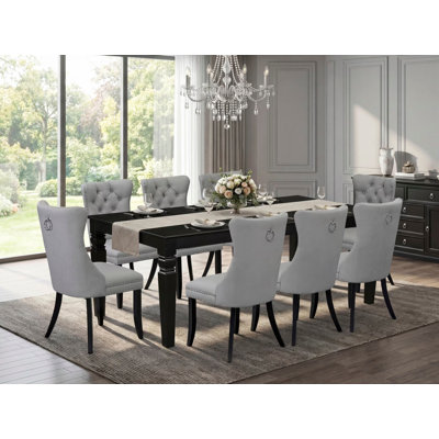 9 Piece Kitchen Set Consists of a Rectangle Dining Table with Butterfly Leaf and 8 Polyester Fabric Upholstered Chairs, 42x84 Inch, Black