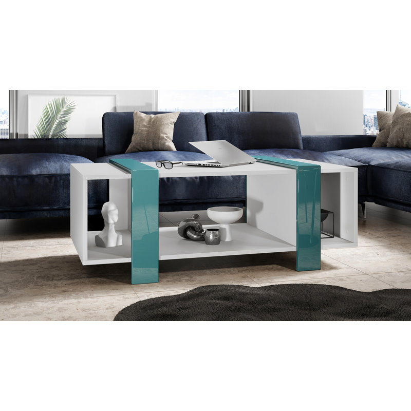 Bouirou Coffee Table with Storage, White Matt/Petrol High Gloss