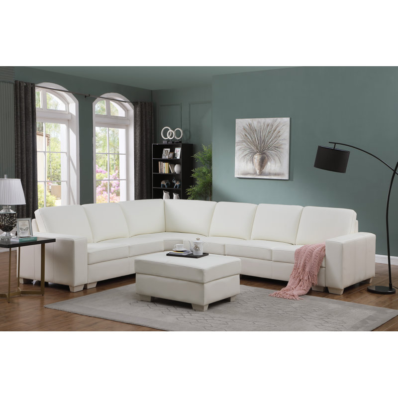 Buonomo Upholstered L-Shaped Sectional, Cream Genuine Leather