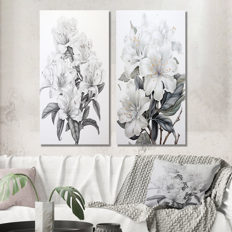 Ensemble de 2 reproductions murales rhododendrons gris et poème, H 32 po x l 33 po, Toile tendue