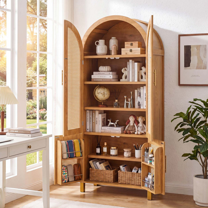 Armoire de rangement Modern Farmhouse avec portes en rotin et tablettes réglables, Oak