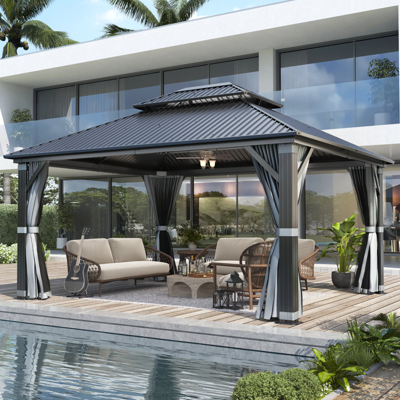 Pavillon de jardin en aluminium - Pavillon de jardin en acier galvanisé avec rideaux et filets