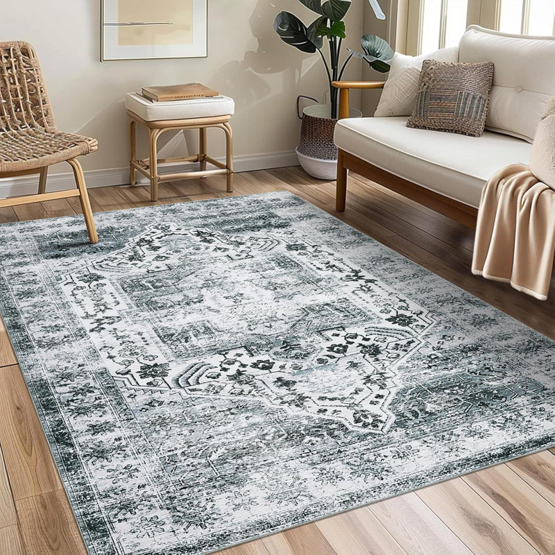 Rug Kitchen Hallway Entryway – Vintage Floral Oriental Design Non-Slip Stain Resistant Low Pile Floor Covering (Blue)