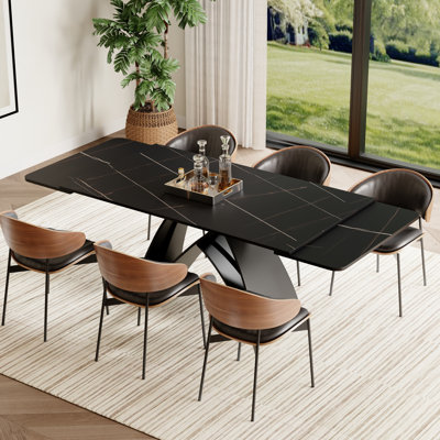 63'' to 95” Extendable Dining Table For 6-10 with Black Sintered Stone Tabletop and Metal Base