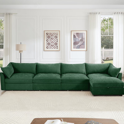 Canapé modulaire en L à 4 places avec repose-pieds mobile, accoudoirs en forme de croissant et coussins enveloppants en chenille vert
