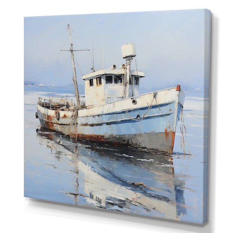 «Tranquil Waters Fishiing» - Art mural bateau, Toile tendue, H 16 po x l 16 po x P 1 po