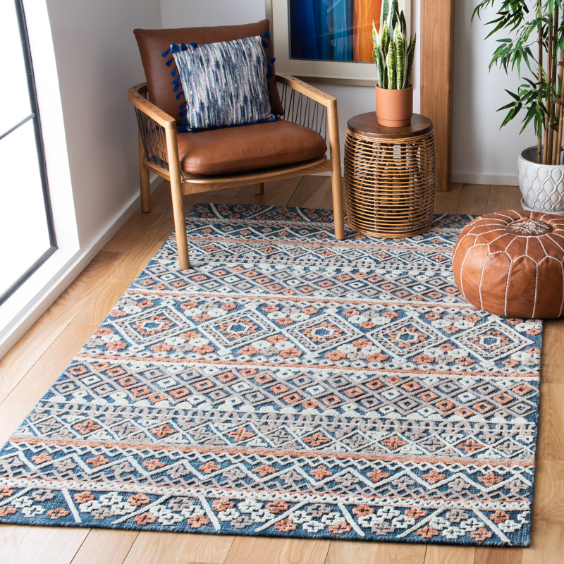 Tapis géométrique en laine / coton touffeté à la main en orange / bleu, Rectangle 8 pi x 10 pi