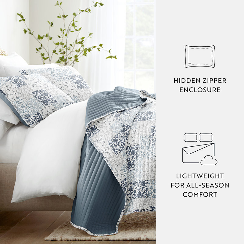 Quilt Coverlet Set All Season Patterned Reversible Microfiber Ultra Soft Bedding in Patchwork, Blue