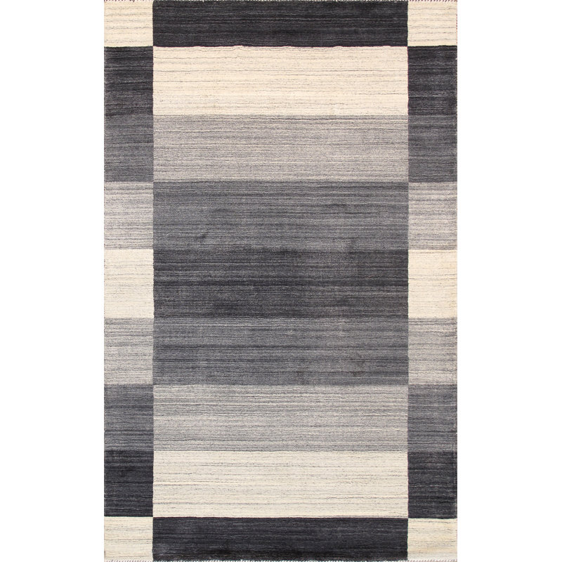 Tapis ivoire / gris en soie et laine tissé à la main Gramercy, Rectangle 8 pi 9 po x 11 pi 9 po