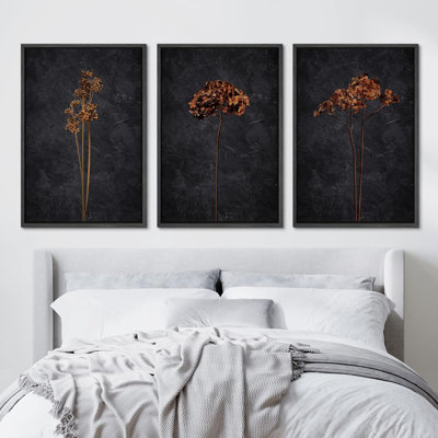 Grunge Moody Flower Minimalist Floral and Botanical Framed Canvas 3 Pieces Set Print Wall Art