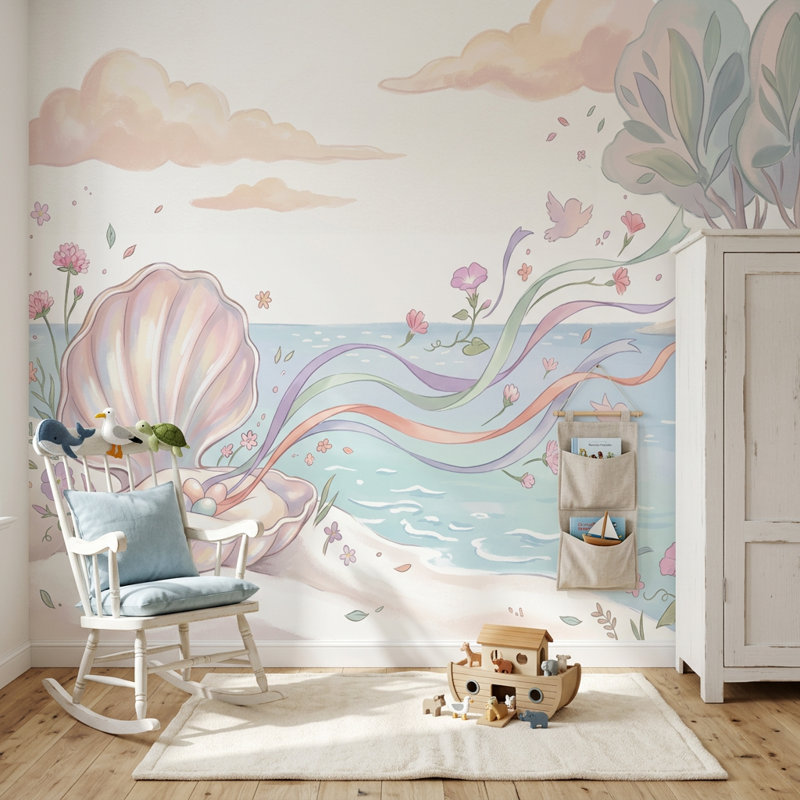 Papier peint pastel bord de mer coquillage ouvert Illustration fantaisiste amovible, Texturé non collé, 160 po x 108 po