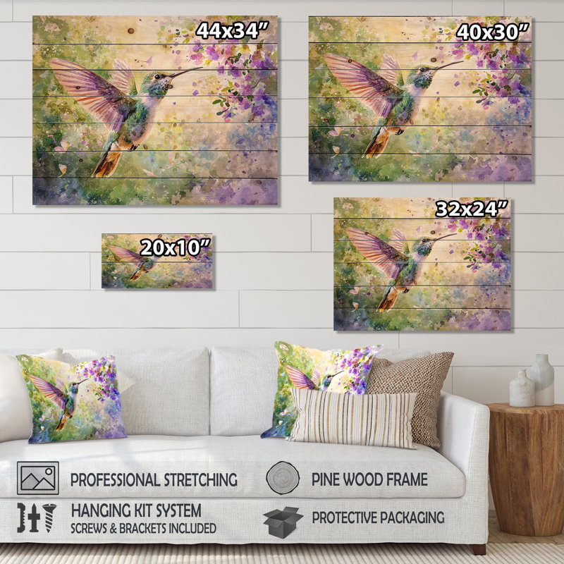 Colibris Curious Meadows II - décoration murale en bois de colibri sur bois de pin naturel, H 30 po x l 40 po