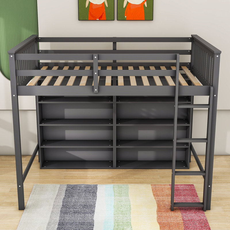 Aalayiah Full Loft Bed with Shelves by Isabelle & Max, Antique Grey