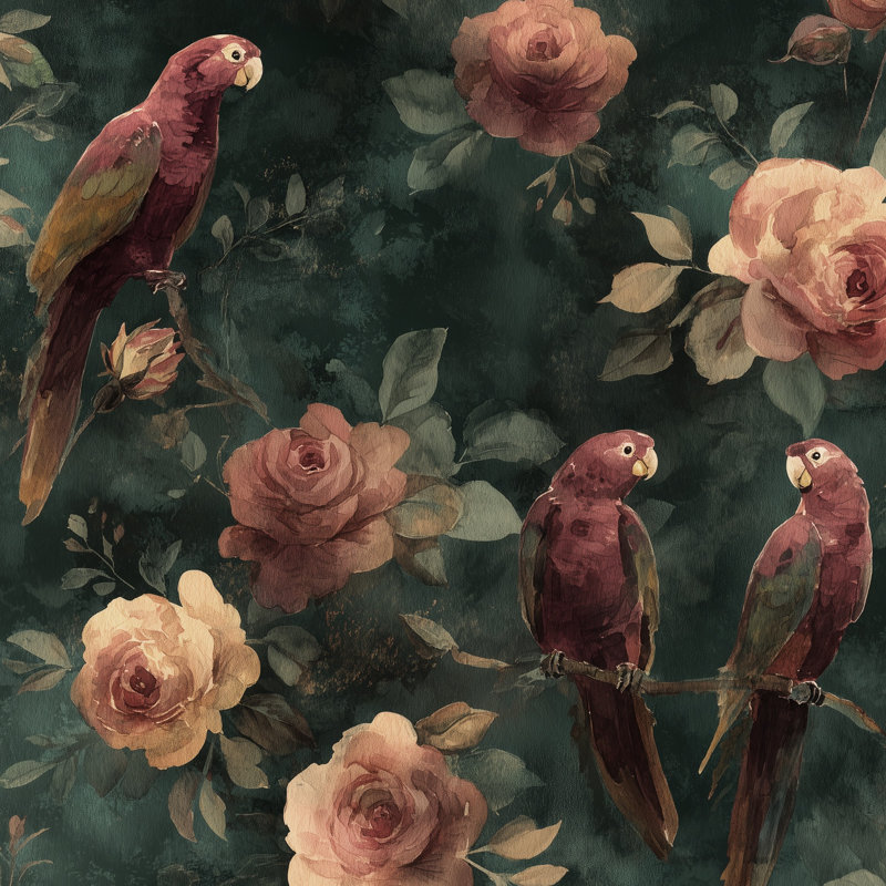 Papier peint floral perroquets rétro, Non-collé