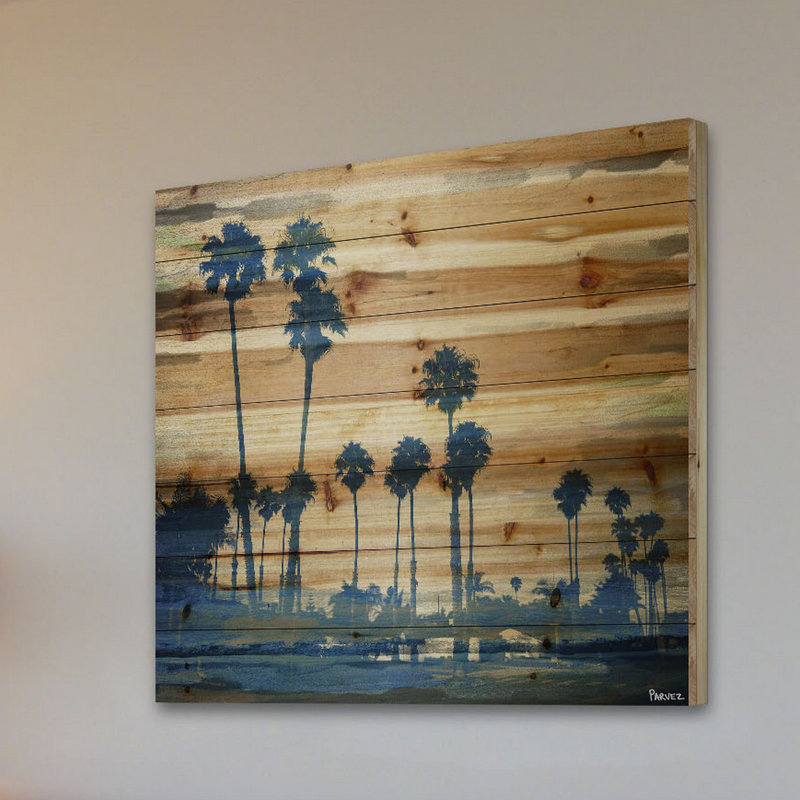 «Blue Palms» par Parvez Taj, reproduction d'art sur bois de pin naturel, H 40 po x l 40 po x P 1,5 po