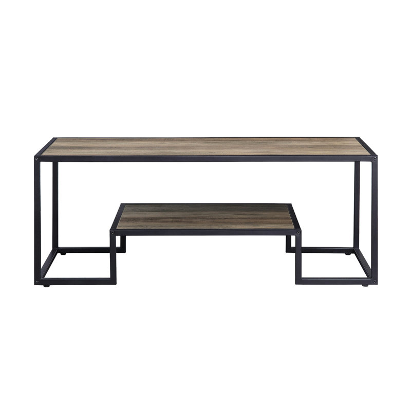 Table basse rectangulaire rustique en chêne et noir avec une étagère à un seul niveau, structure en métal, plateau de 15 mm d'épaisseur, chant en placage papier PU, idéale pour les styles de décoration d'angle. Étagère ouverte, parfaite pour présenter des objets et des agencements variés.
