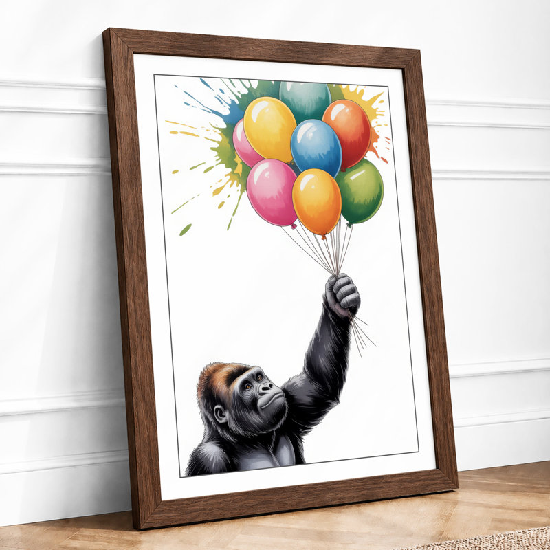 Chimpanzee and Balloons Modern - Framed Print, Walnut, A3 - 42.0 x 29.7 cm