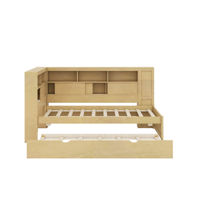Lit de jour simple en bois avec tablettes, USB et lit gigogne, Naturel