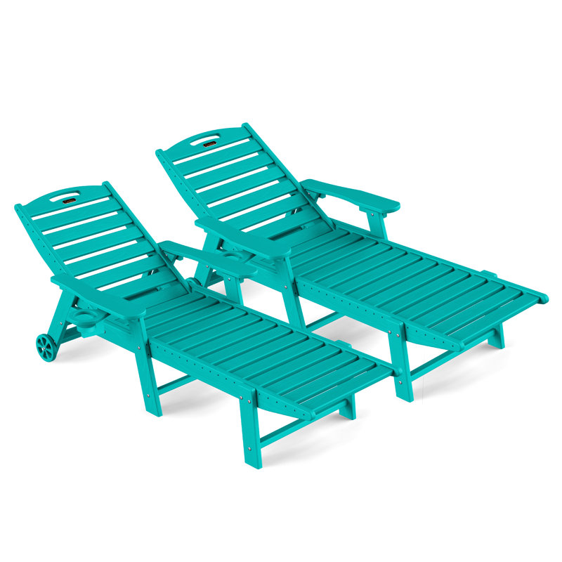 Outdoor Wood Texture Pool Reclining Lounge Chaise  With Wheels & Cup Holder (Set of 2), Lake Blue