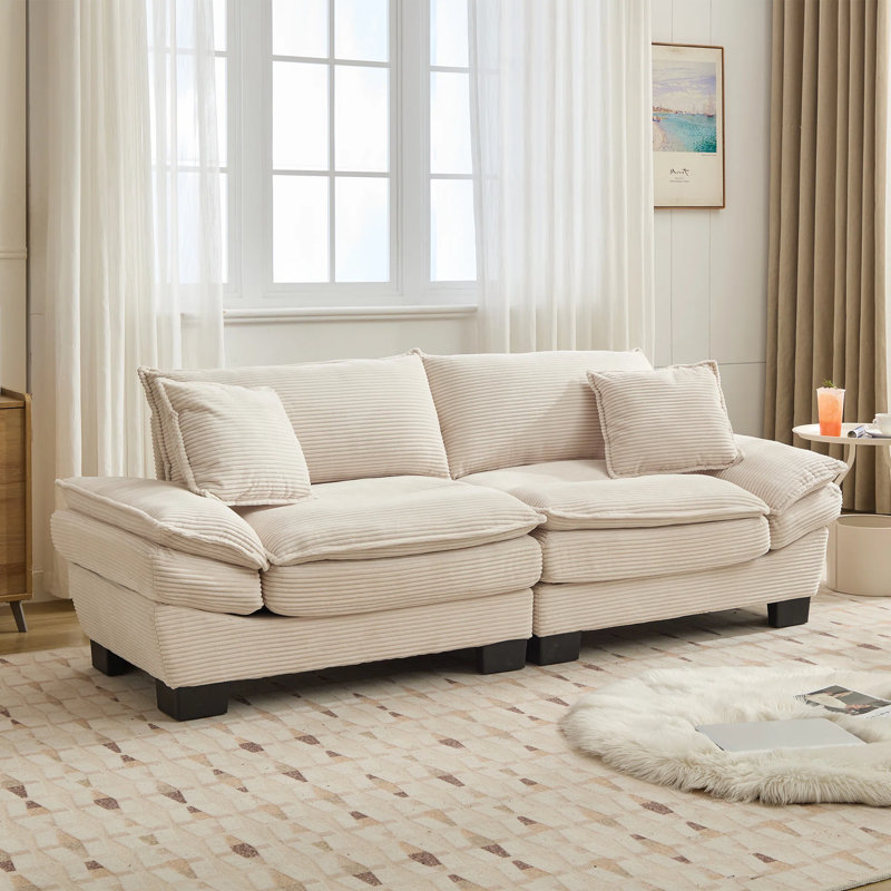 Renville 84" Upholstered Pillow-Top Arm Loveseat Sofa with 2 Throw Pillows, Beige