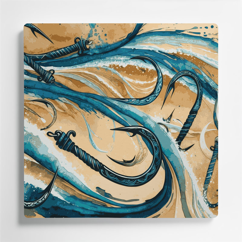 Art mural hawaïen hameçons en métal beige, H 16 po x l 16 po