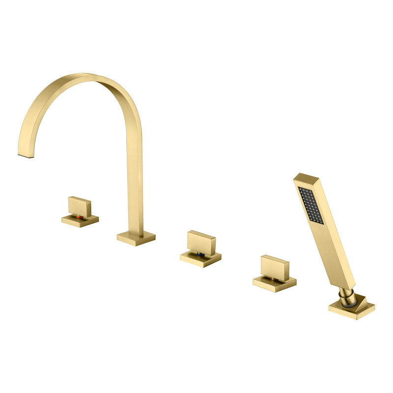 Waterfall Bathtub Faucet,Triple Handle Deck Mount Roman Tub Faucet with Diverter and Handheld Shower, Brushed Gold
