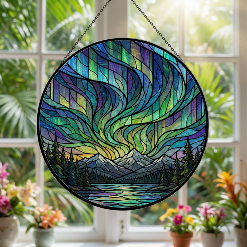 Panneau de vitrail en verre coloré 7,8 po H Northern Lights, H 7,8 po x l 7,8 po