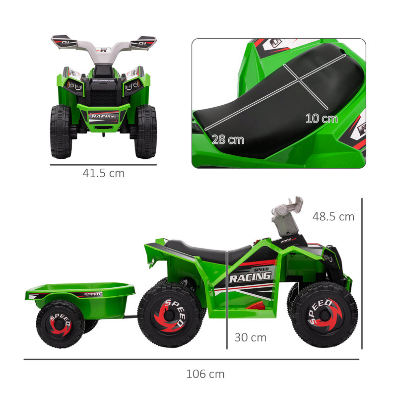HOMCOM Electric Quad Bike 6V Kids Ride On Back Trailer 18-36 Months Green