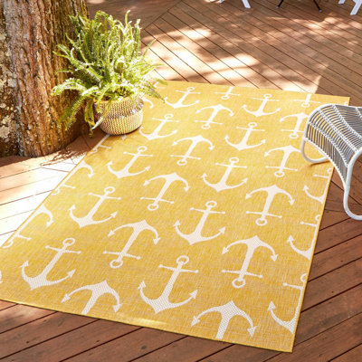 Tapis d'intérieur / extérieur en plastique tissé à la machine Glidden - jaune / ivoire