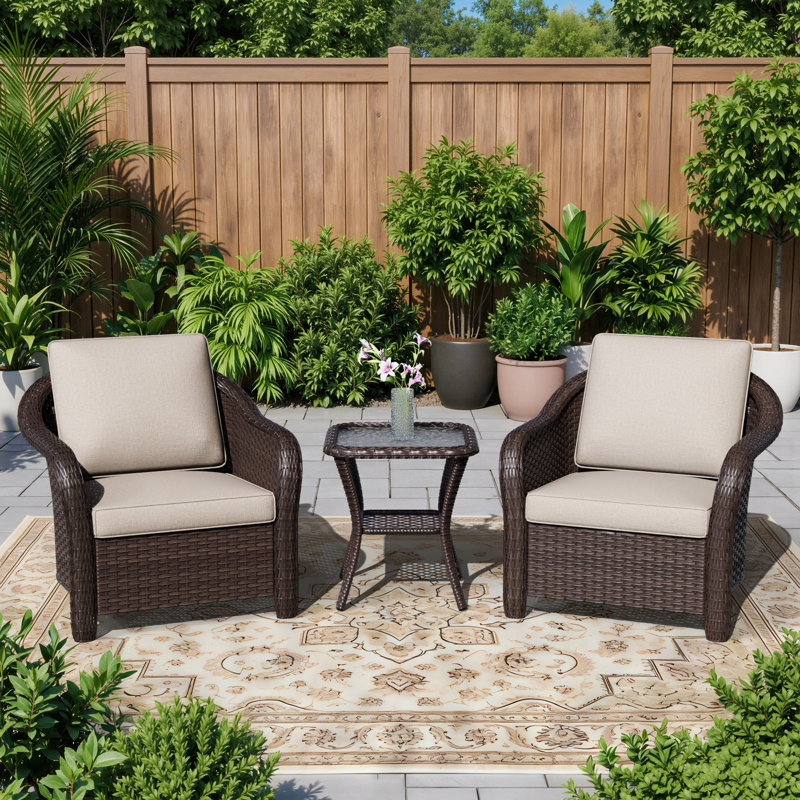 Ensemble de conversation de patio en osier 3 pièces 3 pièces avec coussins en oléfine beige et 2 fauteuils d'extérieur fixes