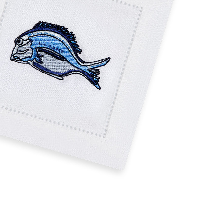 Marine Motif Embroidered Linen Cocktail Napkins